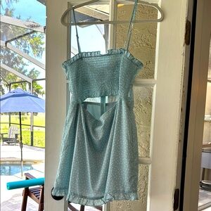 Kittenish light greenish Blue White Polka Dot Mini Dress Sz large front Cut Out